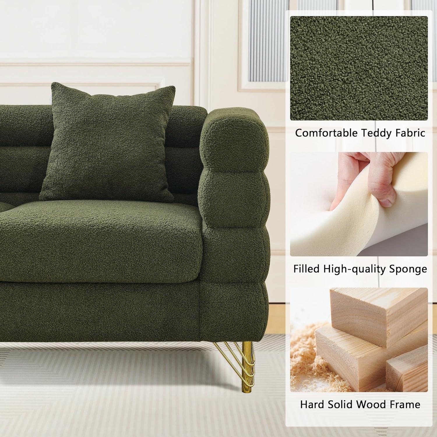 81.5" Oversized L-Shaped Sectional Sofa, Upholstered Teddy Fabric Corner Sofa with 3 Pillow, 5-Seater Corner Sofas with Padded Cushions, Indoor Modular Sofa for Living Room, Bedroom, Office, Green