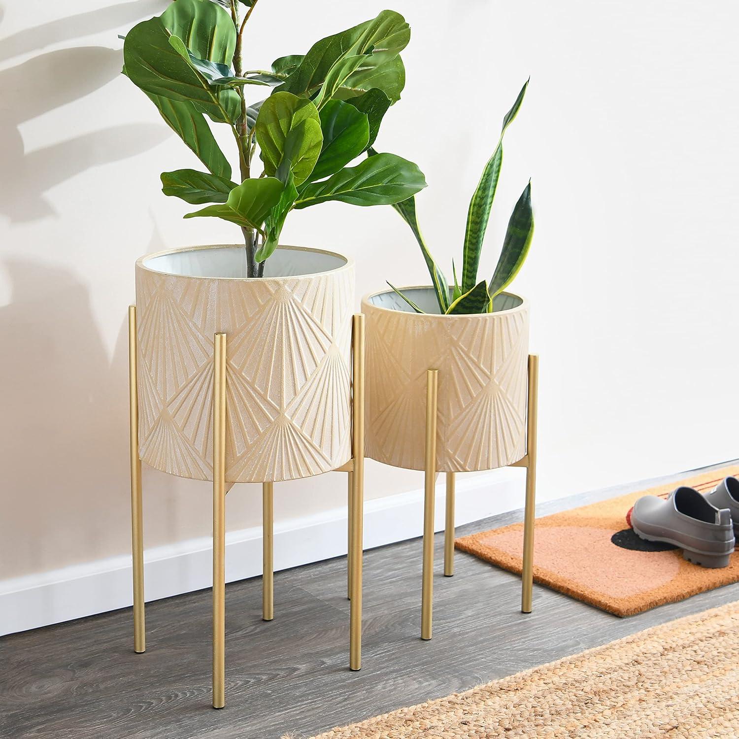 Main + Mesa Modern Boho Embossed Metal Planters with Stands, Cream and Gold, Set of 2 Sizes