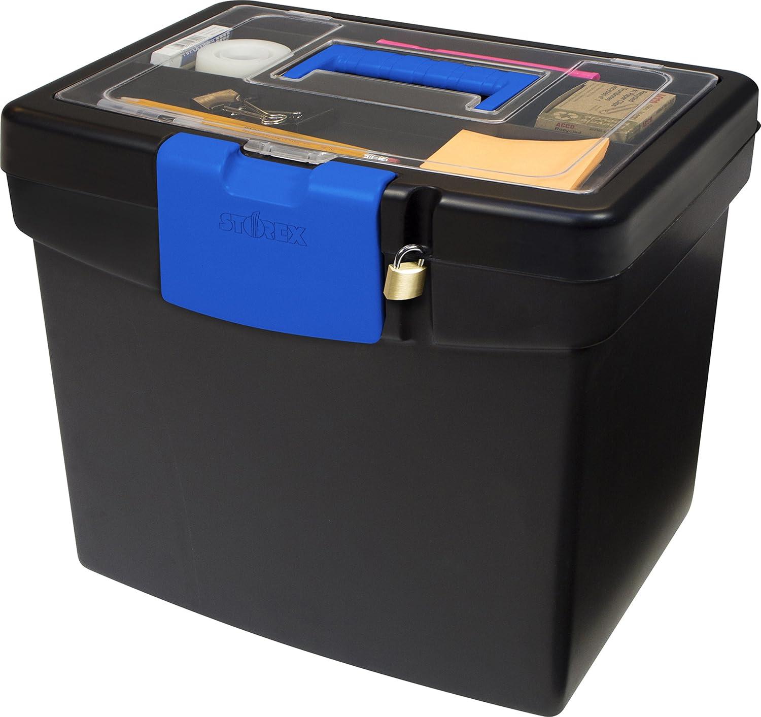 Storex Plastic File Storage Box with XL Storage Lid, Fits Letter-size Paper, Black/Blue