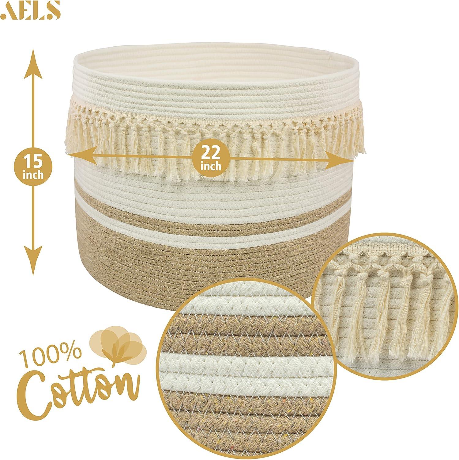 Extra Large Beige and White Round Woven Storage Basket