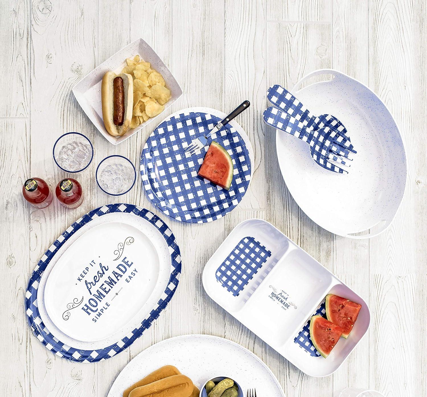 Navy Gingham Melamine Dinner Plates, Set of 4, 10.5"