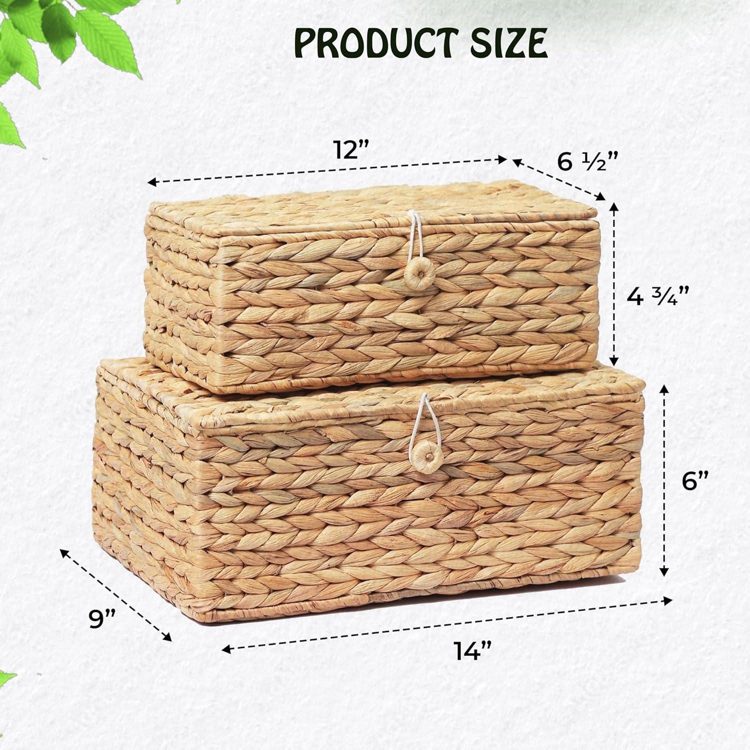 Set Of 2 Rectangular Wicker Storage Bins With Lid, Rattan Basket Decorative Boxes, Multipurpose Organizer Rattan Display Boxes For Shelf Organizer, Boho Rattan Box For Home Decoration