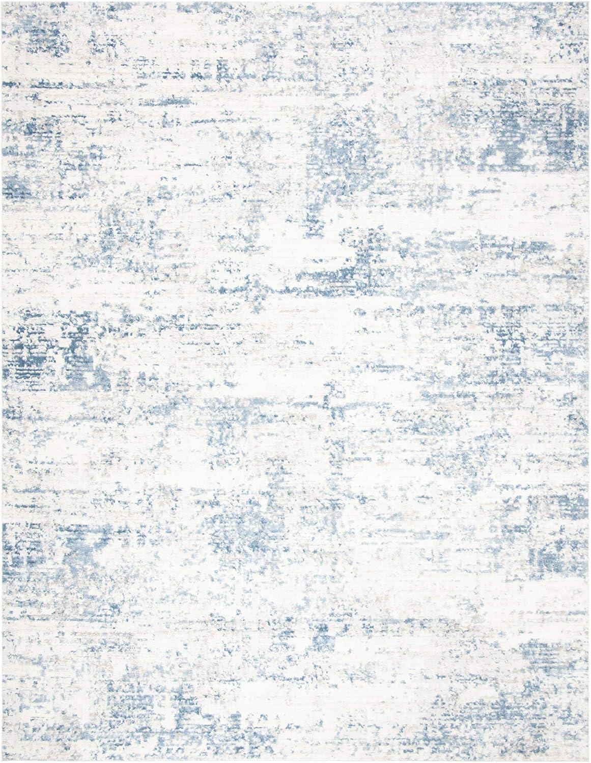 Ivory & Blue Abstract Hand-Knotted 9' x 12' Synthetic Area Rug