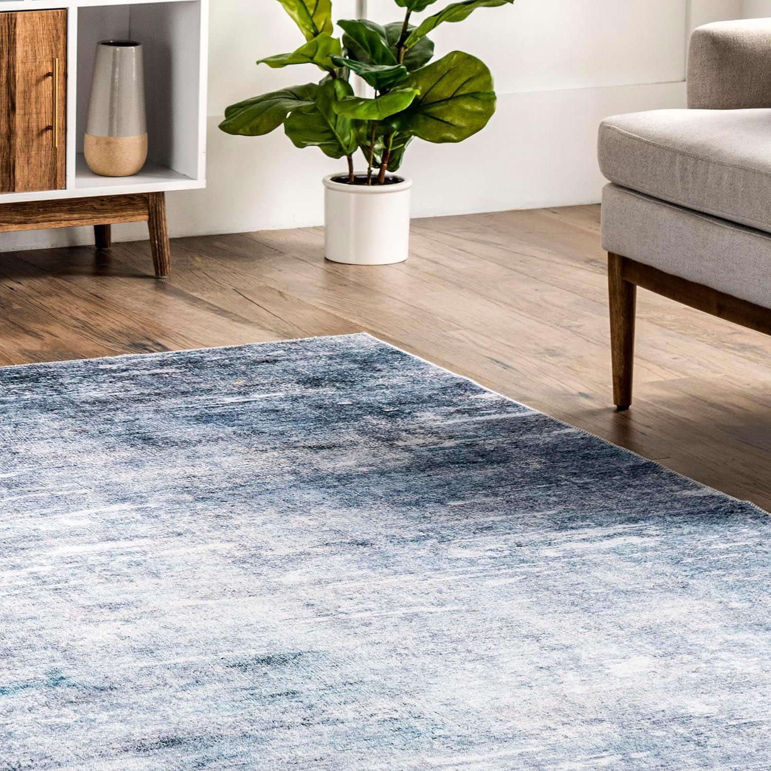 Sustainably-Sourced Blue Abstract 5' x 8' Washable Area Rug