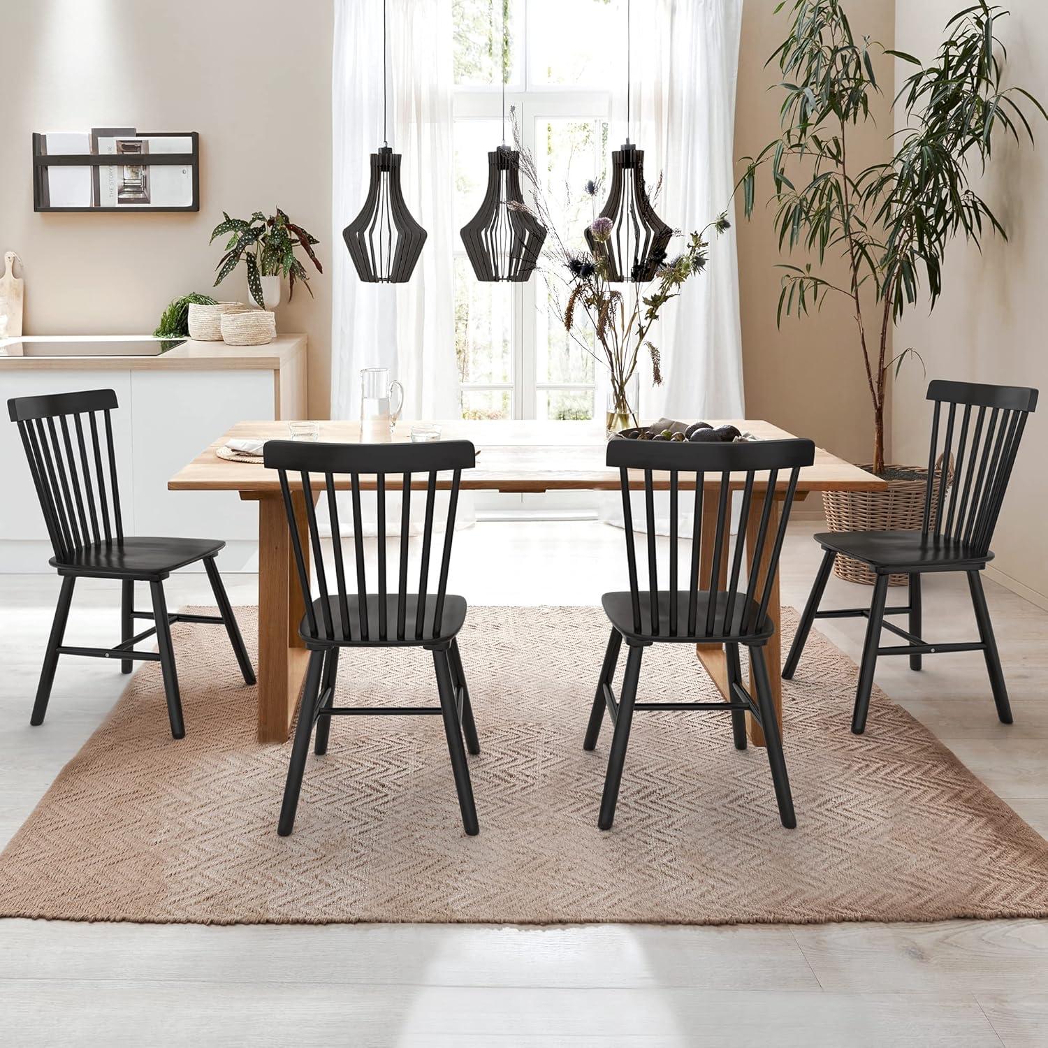 Black Solid Wood Windsor Spindle Back Dining Chairs, Set of 4