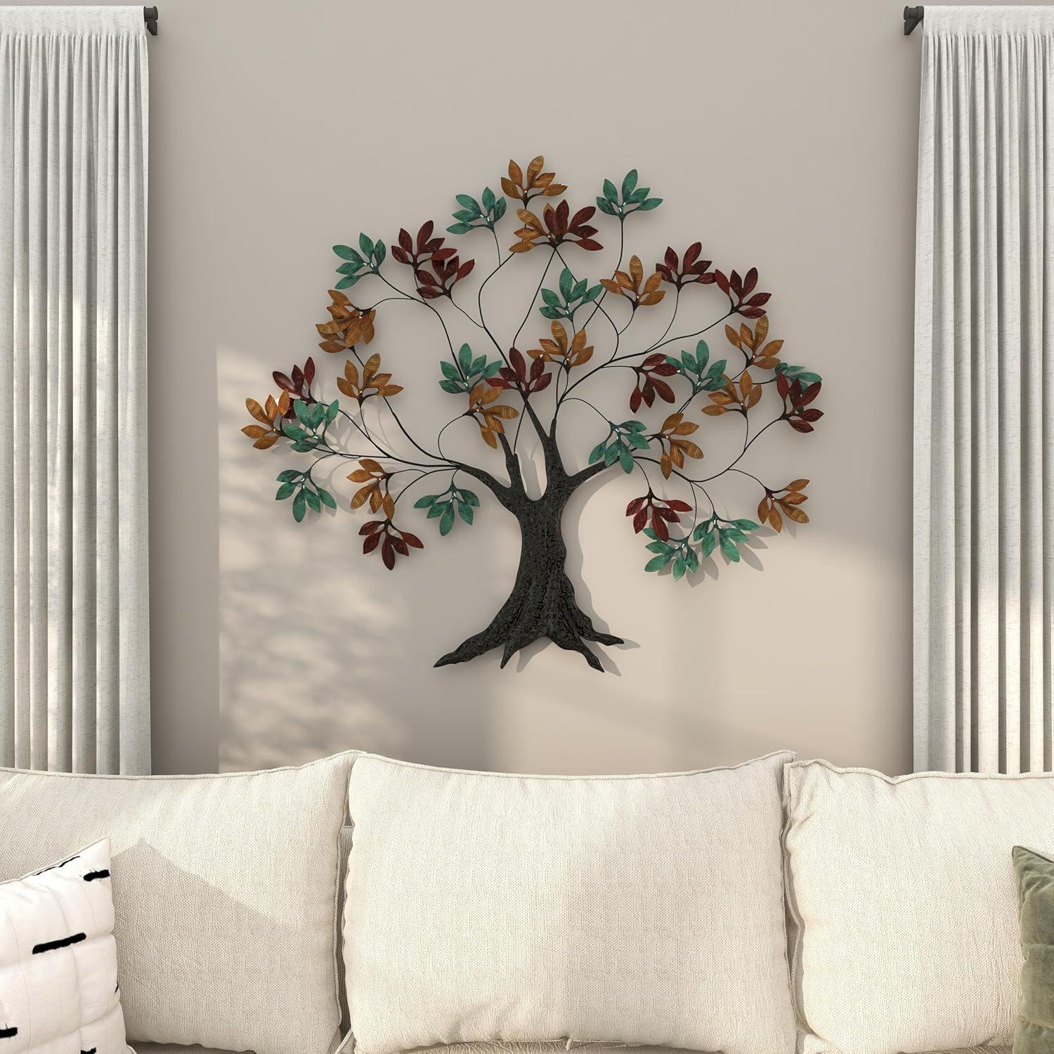 DecMode Multi Colored Metal Tree Wall Decor with Leaf Detail