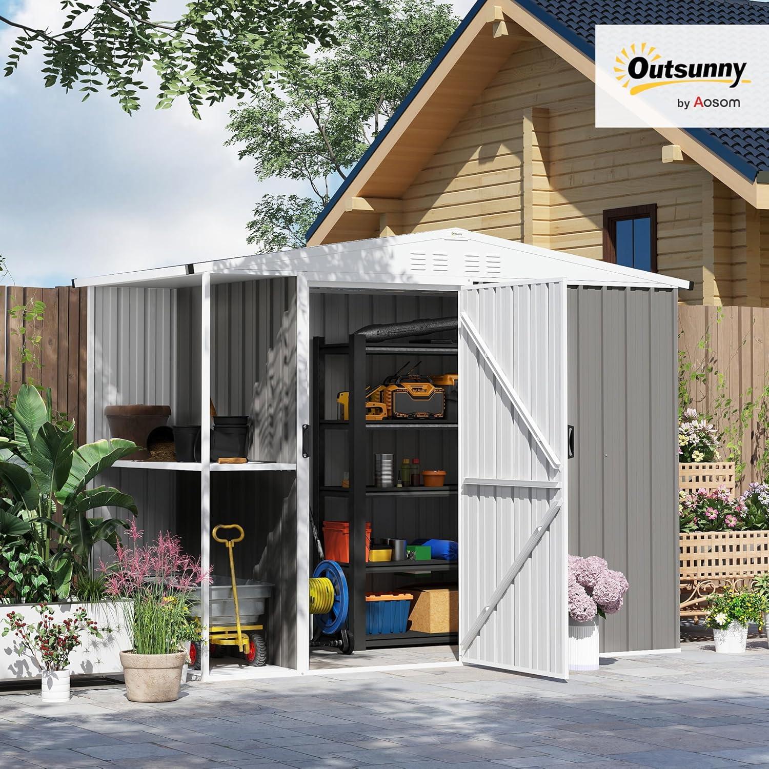 Outsunny 8 x 4ft Outdoor Storage Shed, Metal Garden Shed with 2-Tier Storage Rack, Air Vents and Lockable Door, Tool Shed for Backyard, Patio, Lawn