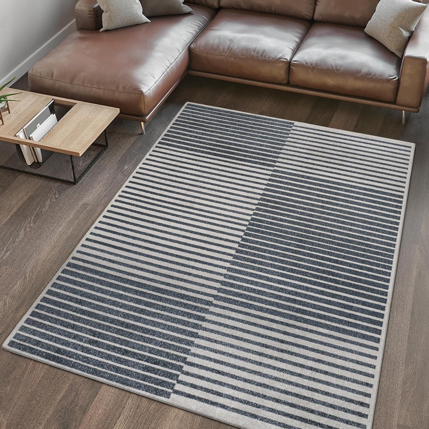 Gray and Cream Striped Washable 8' x 10' Area Rug