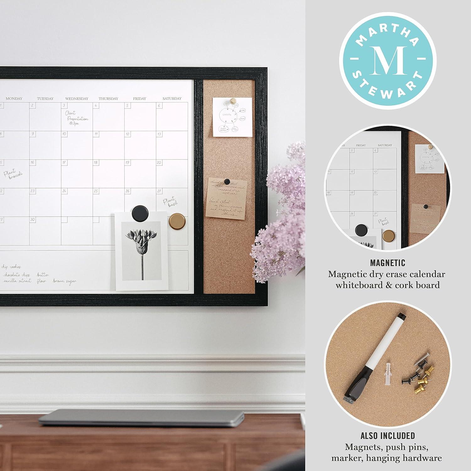 Martha Stewart Everette 24"x18" Magnetic Dry Erase Monthly Calendar and Cork Board Combo with Included Marker, Magnets, and Push Pins, Black Woodgrain Frame