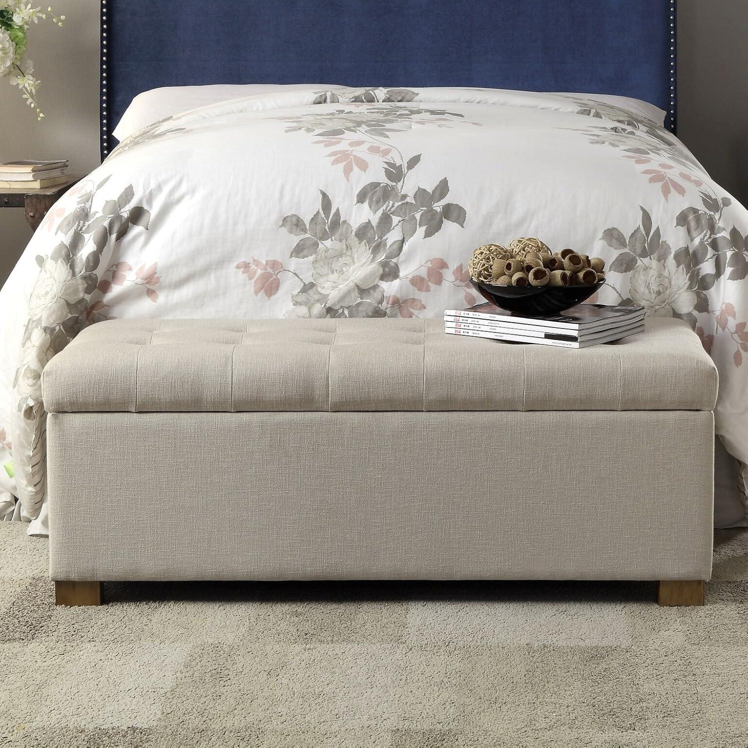 Beige Tufted Upholstered Storage Bench with Wood Legs