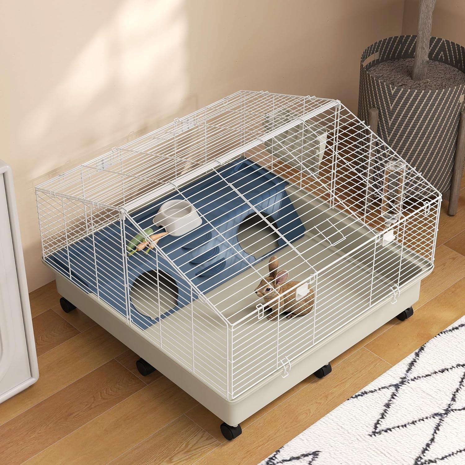 PawHut Small Animal Cage, Rolling Guinea Pig Cage with Water Bottle, Hay Feeder, Food Dish, Ramp, for Rabbits, Hedgehogs, 35" x 35" x 25", White