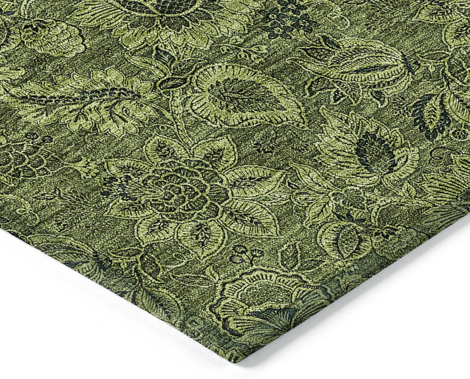 Olive Floral Machine-Washable Indoor/Outdoor Area Rug