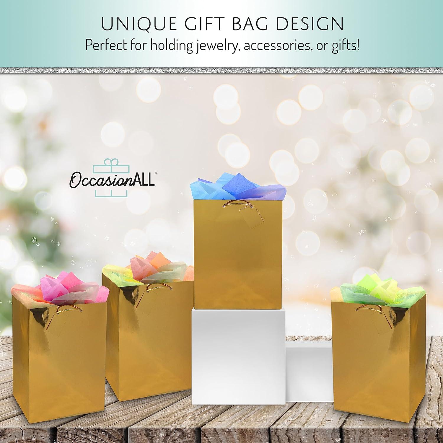 10x13x5" 12 Pcs. Large Metallic Gold Paper Gift Bags with Metallic Handles, Party Favor Bags for Birthday Parties, Weddings Gifts C8