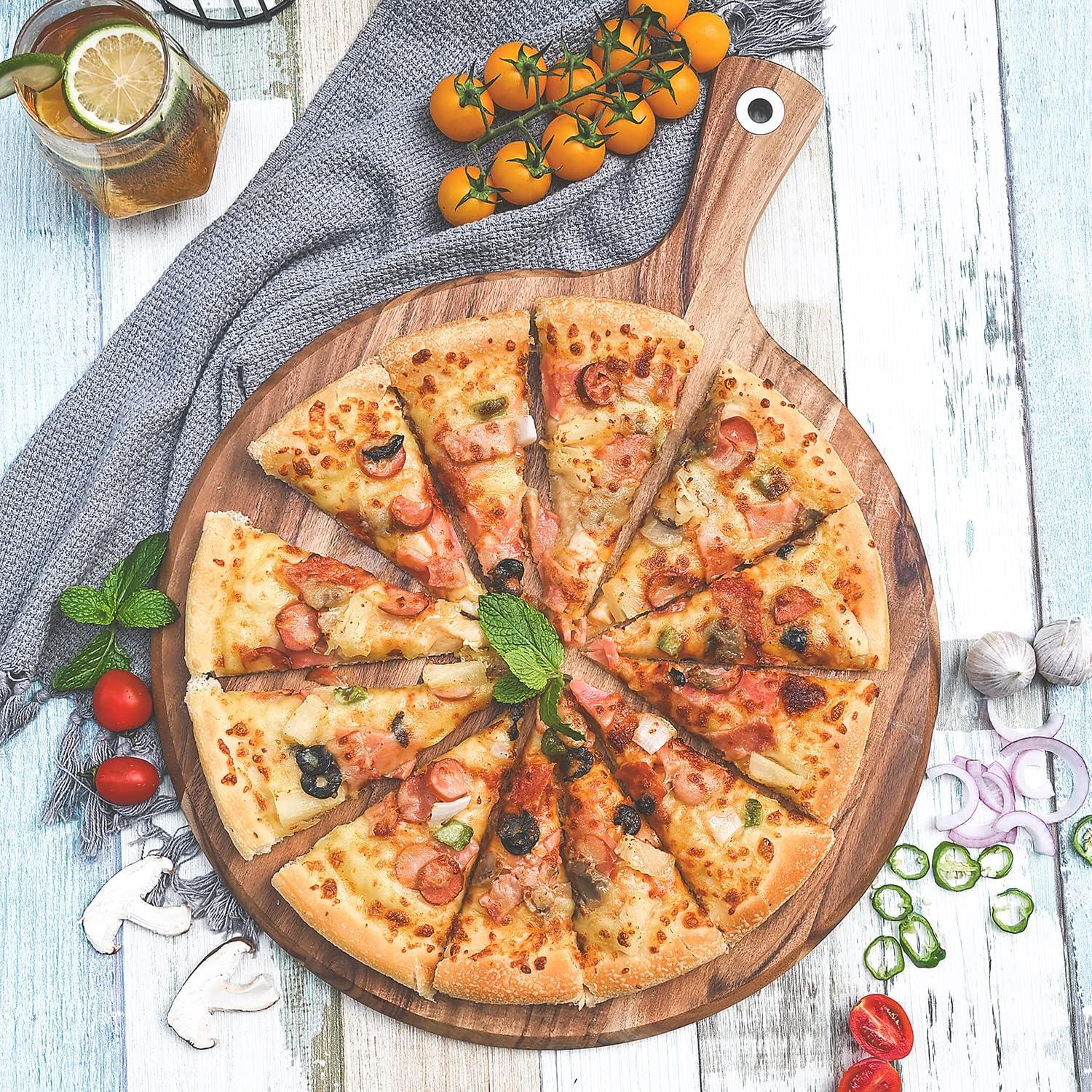 Acacia Wood Pizza Peel,12” Cutting Board, Cheese Paddle Board, Bread and Crackers Platter for Serving and Minor Food Prepare with Handle - 16 x 12 x 0.5 Inch