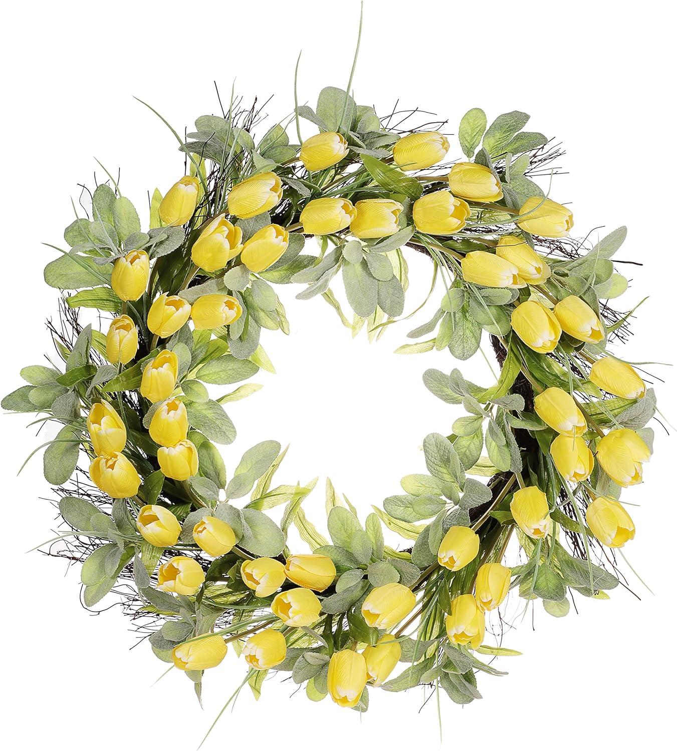 30" Artificial Tulip Floral Spring Wreath with Green Leaves
