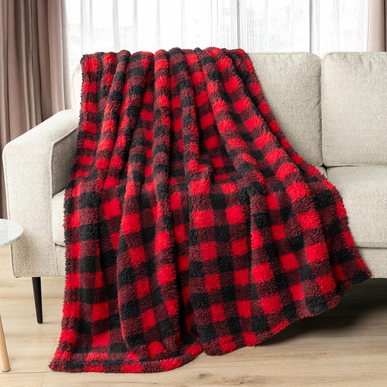 PAVILIA Plush Throw Blanket for Couch Bed, Faux Shearling Blanket and Throw for Sofa Home Decor, Checkered Red/Black/Throw - 50x60