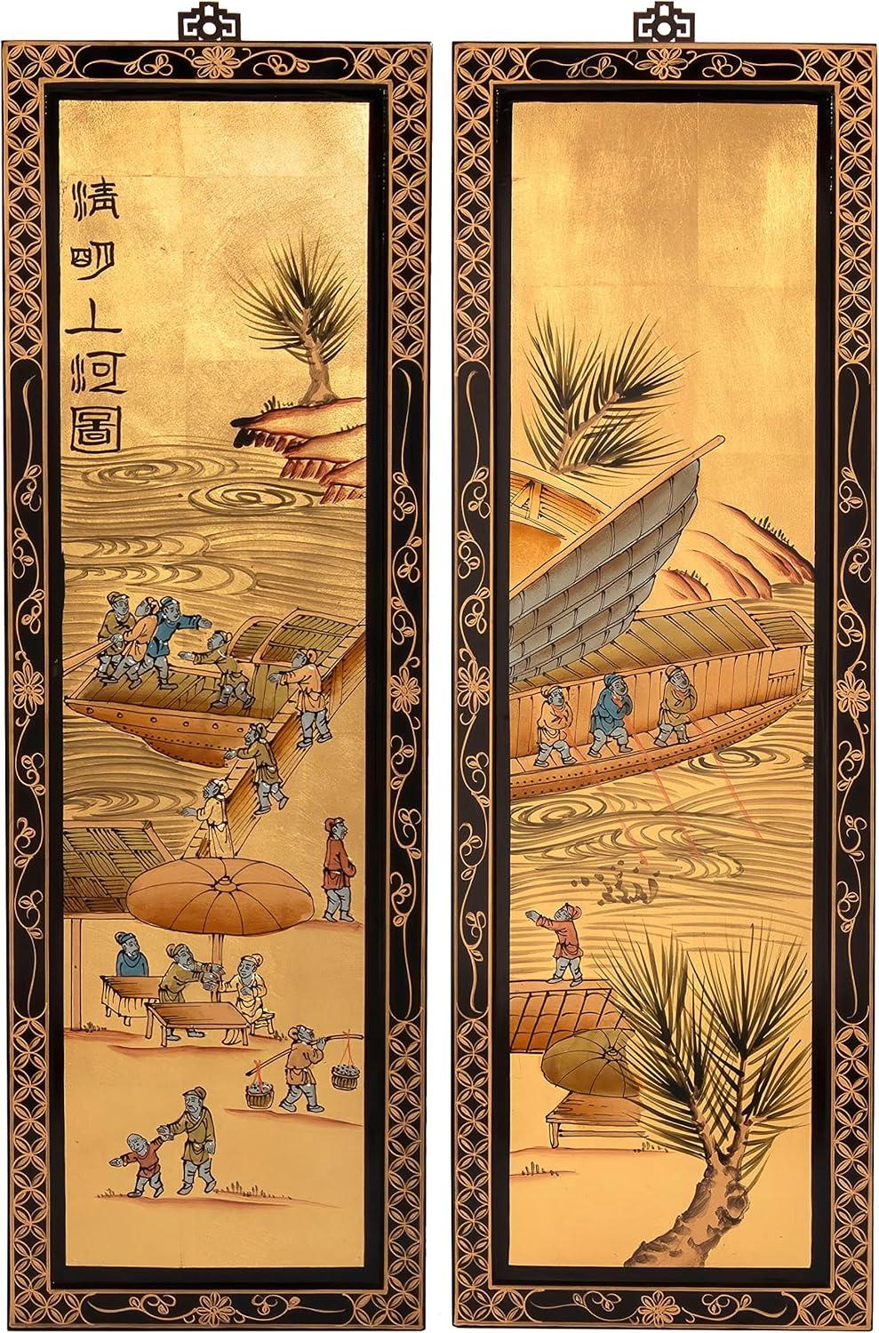 Oriental Furniture Gold Lacquer Wall Screen Ching Ming