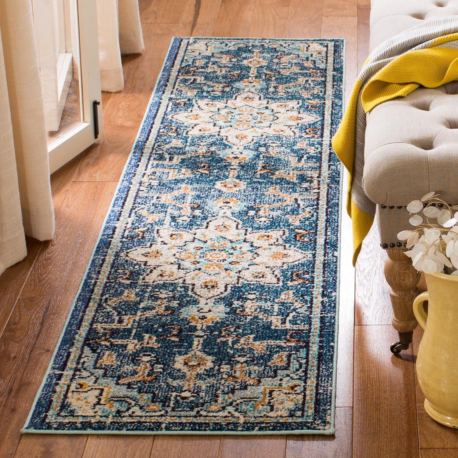 Blue and Light Blue Synthetic Flat Woven Runner Rug