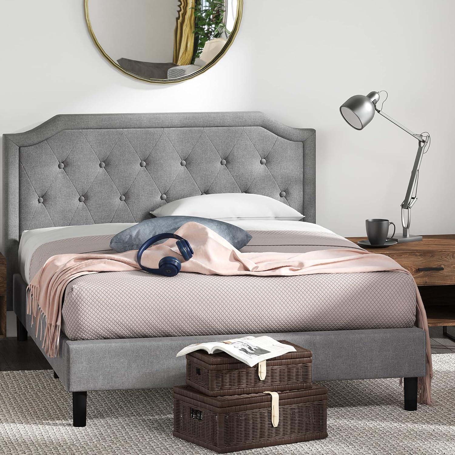 Queen-Sized Scalloped Edge Upholstered Platform Bed with Tufted Headboard