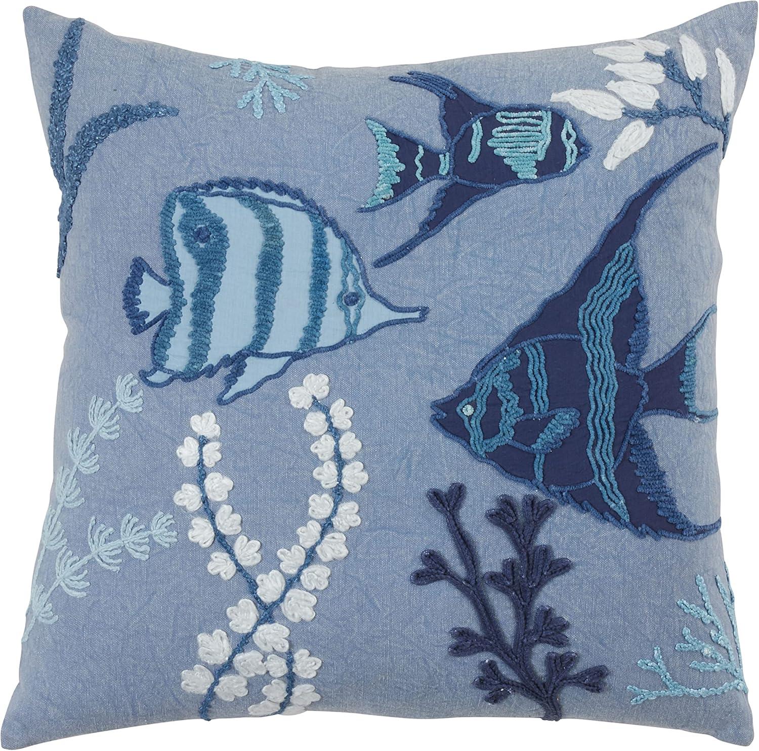 Blue Cotton Coastal Fish Decorative Pillow Cover, 20"