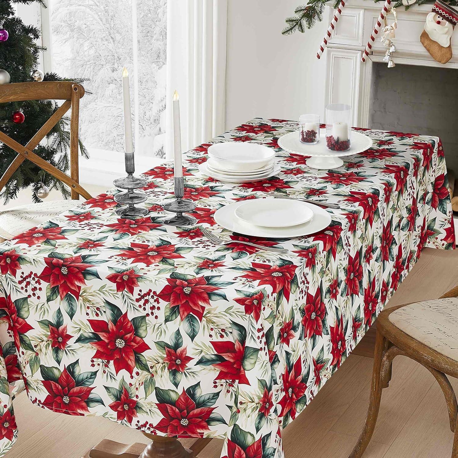 Holiday Poinsettia Red and Green Polyester Tablecloth 52" x 70"