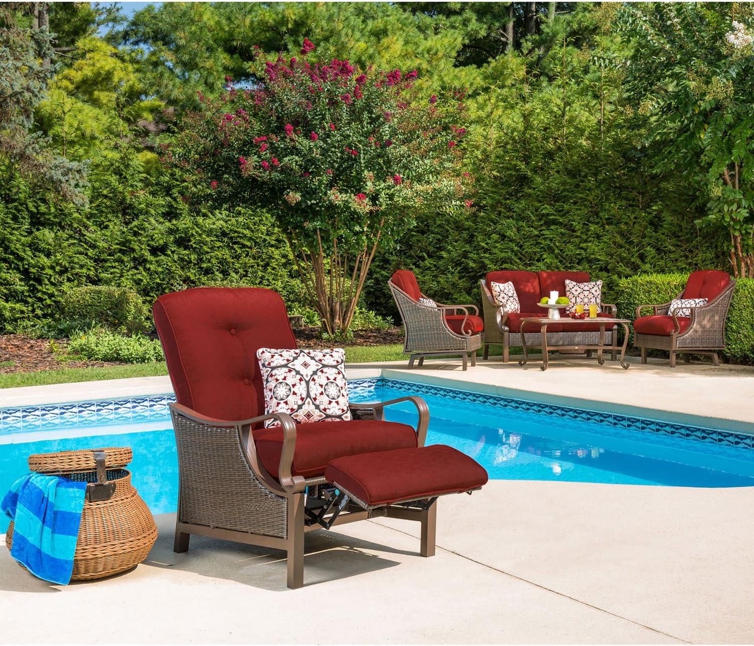 Crimson Red Steel and Wicker Reclining Armchair with Cushions