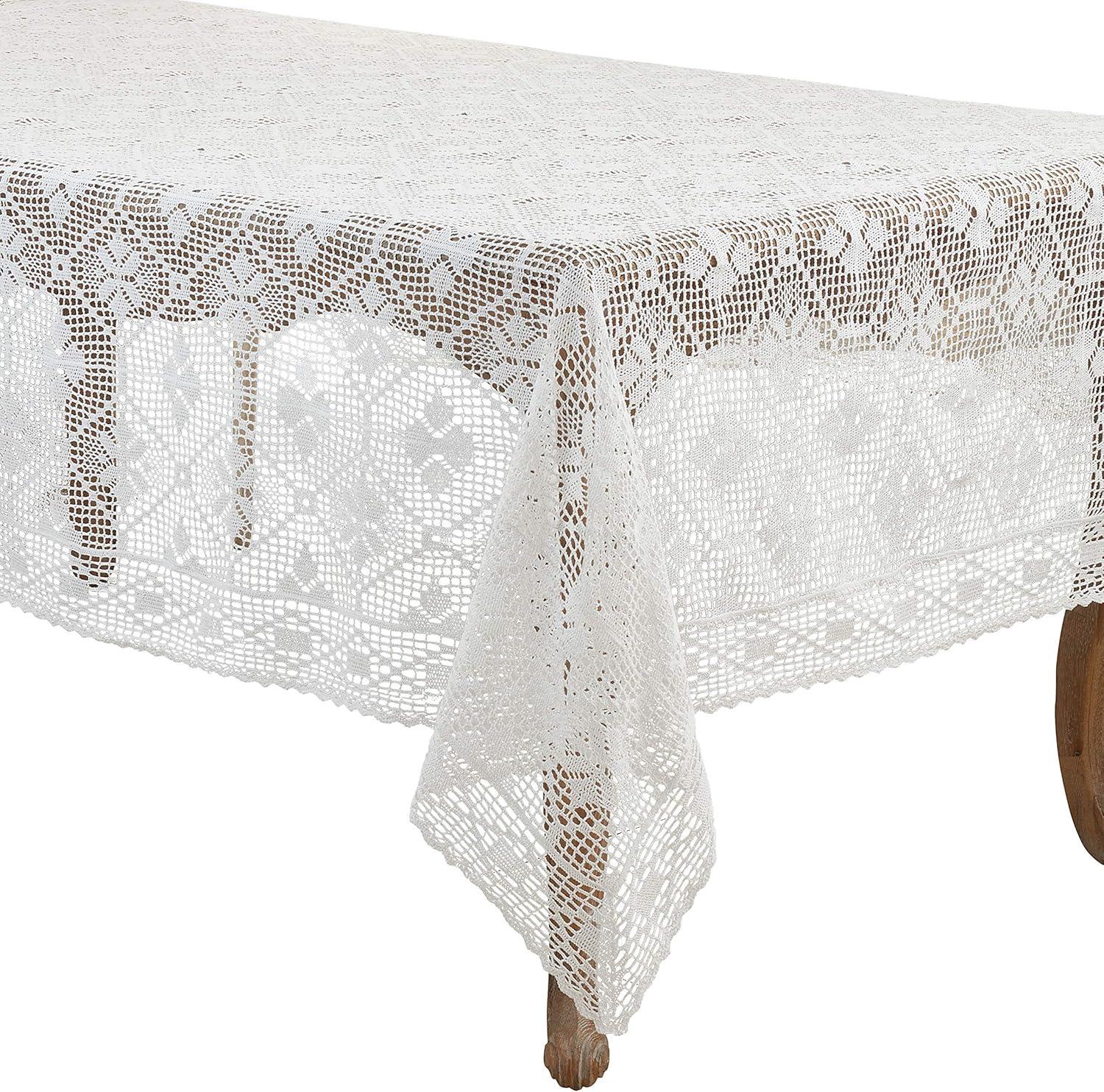 White Rectangular Cotton Blend Crochet Tablecloth