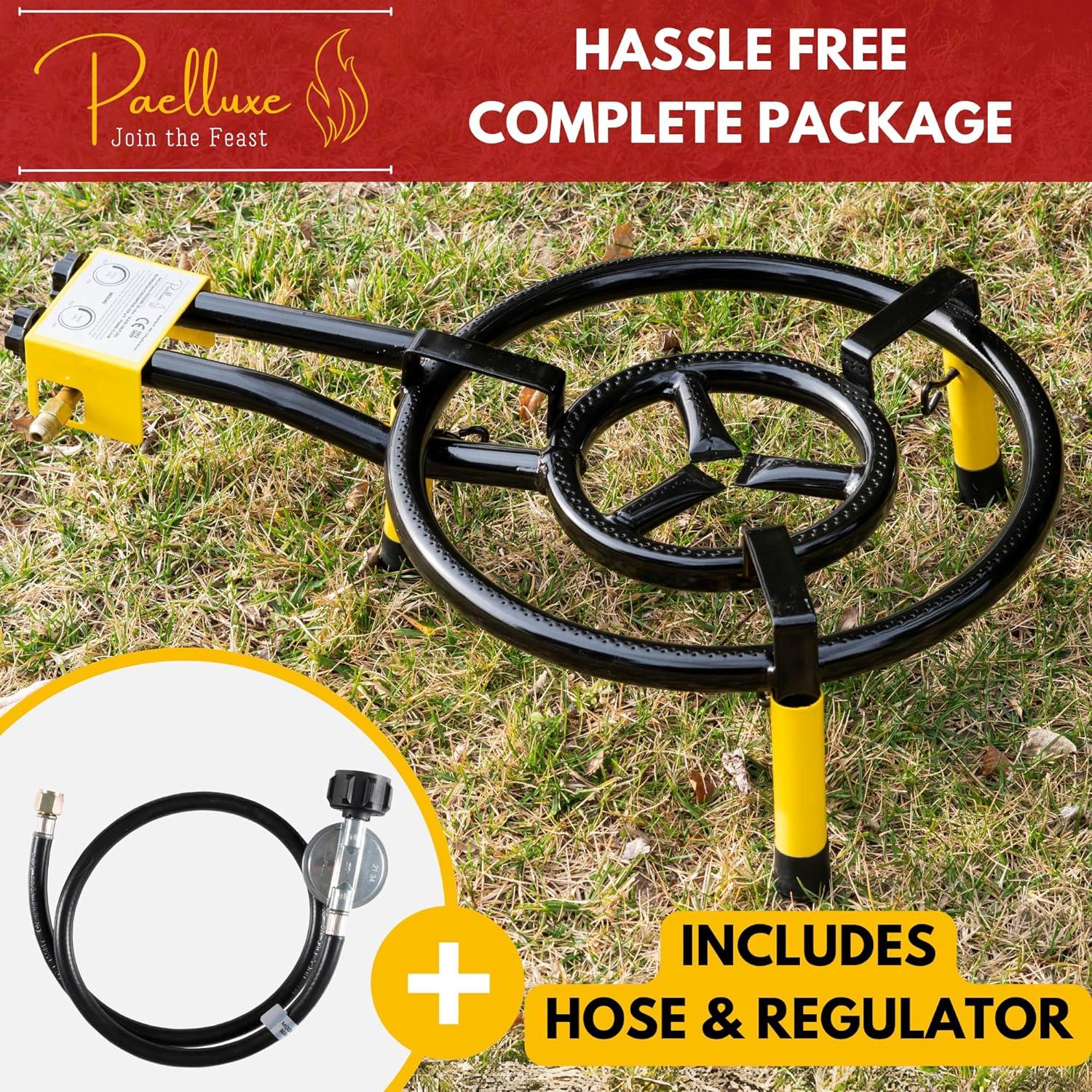 Paella Burner and Stand Set 24 Inch Triple Ring Propane Burner Outdoor Stove with Table Top Stand & Regulator Portable Gas Cooker Wok Burner for Camping Crawfish Boil Cooking Outdoor Paellera