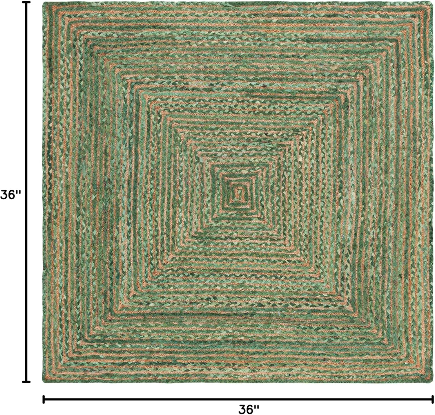 Handmade Green and Natural Braided Jute Cotton Square Rug