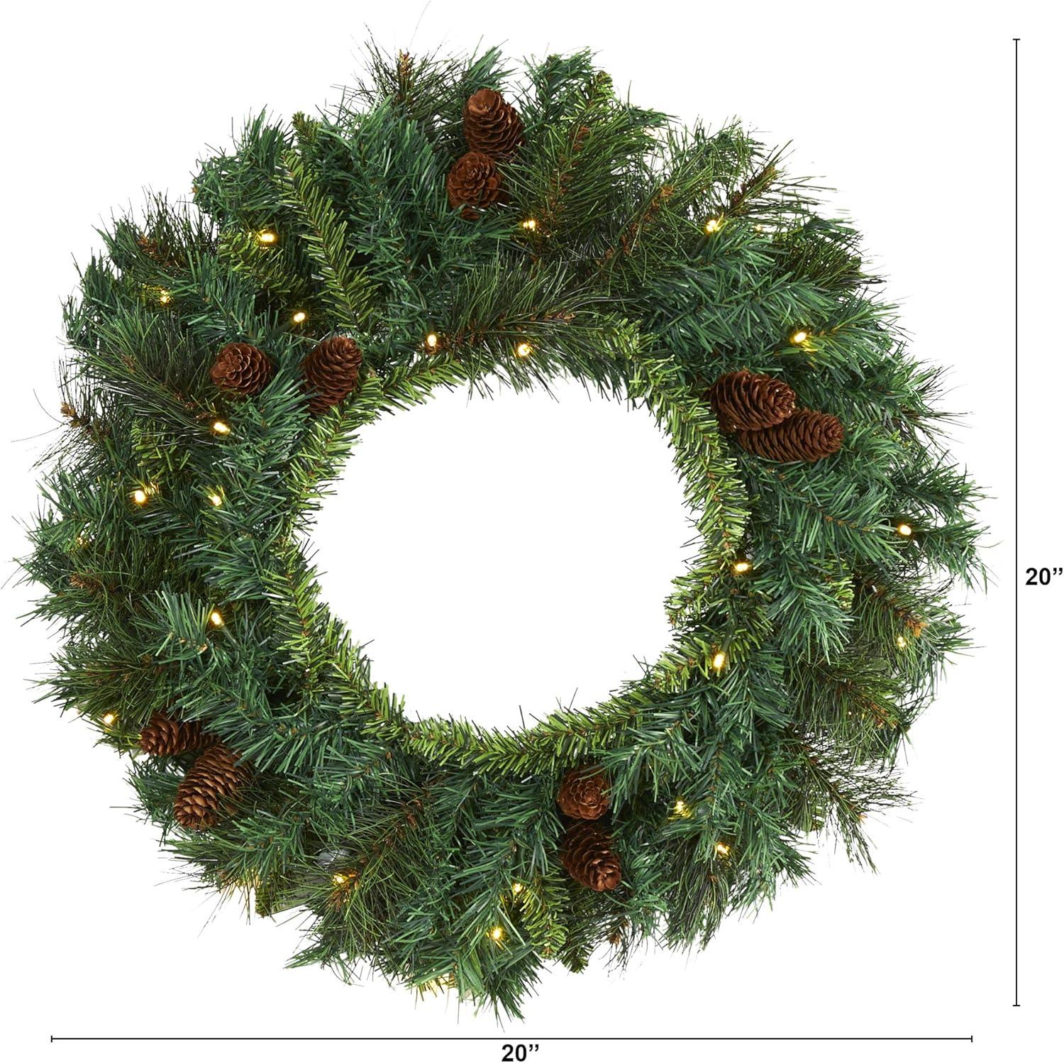 Nearly Natural 20” Mixed Pine and Pinecone Artificial Christmas Wreath with 35 Clear LED Lights