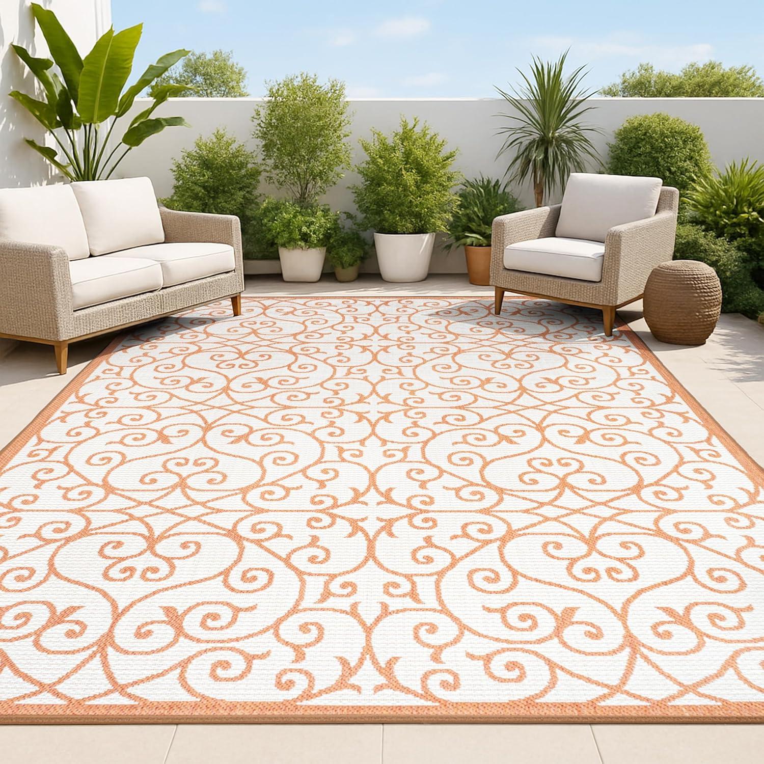 8' x 10' Madrid Vintage Filigree Textured Weave Indoor/Outdoor Area Rug, Cream/Orange - JONATHAN Y
