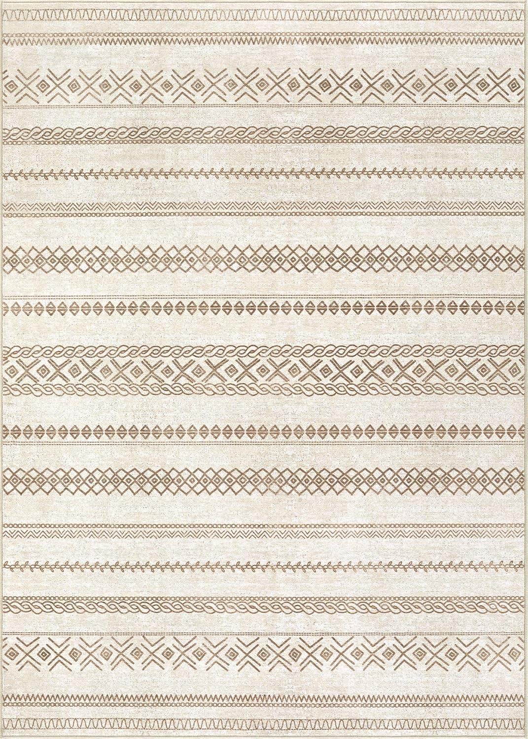 Large Living Room Area Rug 5x7: Soft Machine Washable Boho Moroccan Farmhouse Rugs for Bedroom Under Dining Table - Non-Slip Neutral Morden Indoor Floor Carpet for Home Office - Brown/Cream