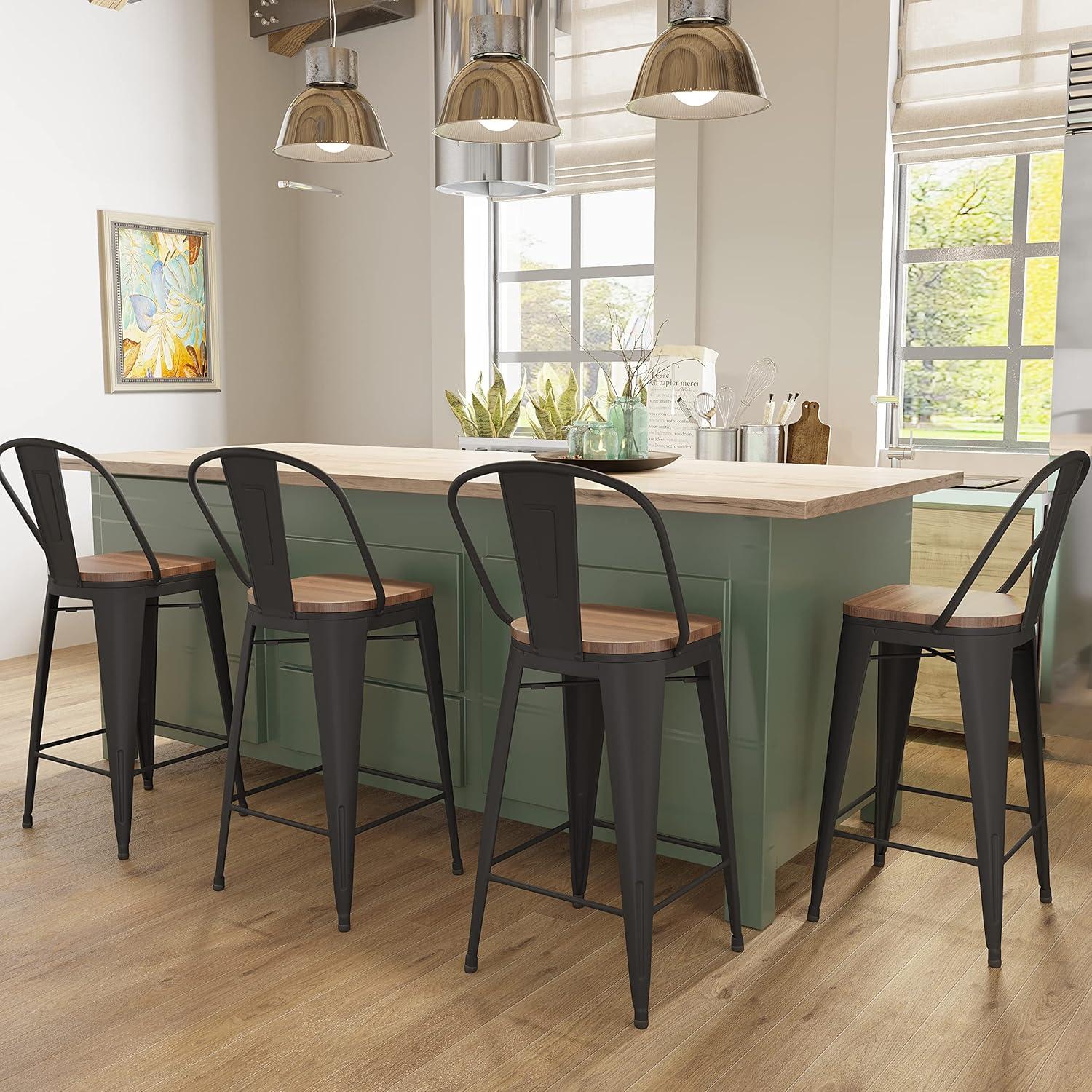Andeworld Swivel Metal Bar Stools Set of 4 Counter Height Stools Counter Bar Stools with Back Swivel Metal Bar Chairs Wooded Seat 30 Inch Matte Black