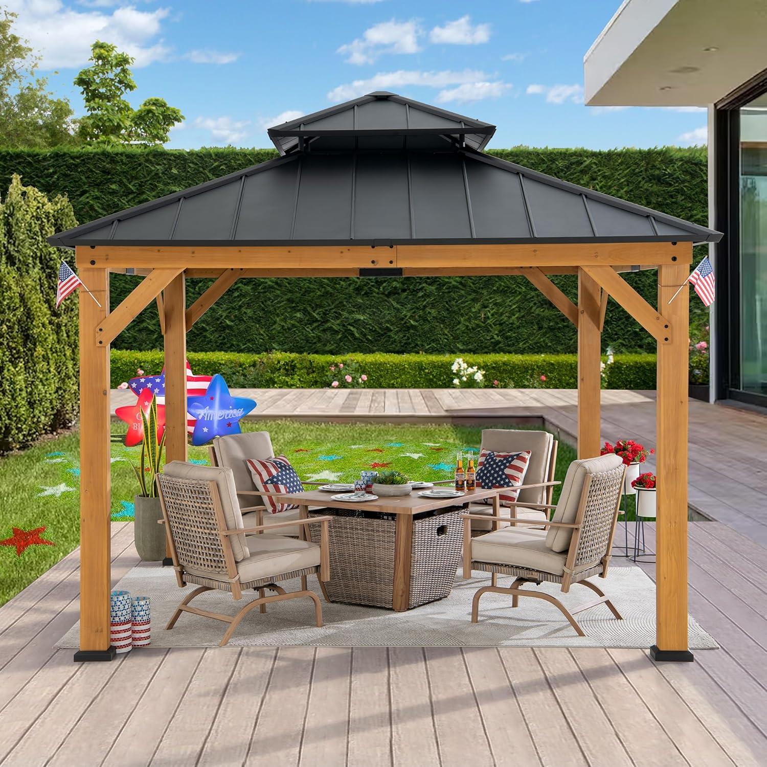 Sunjoy 11 ft. x 11 ft. Black 2-Tier Wooden Frame Hardtop Gazebo with Ceiling Hook