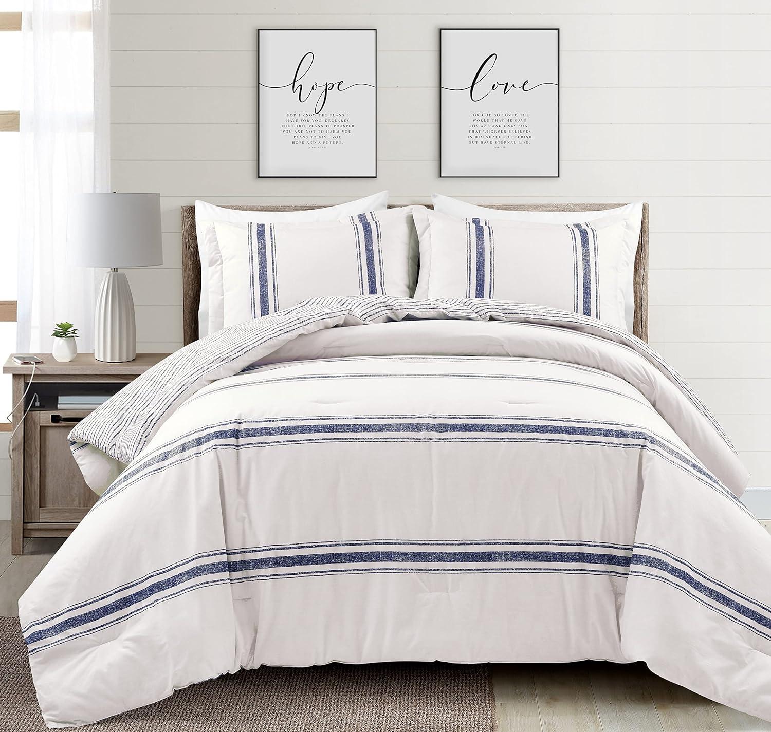 Lush Décor 3pc California King Farmhouse Stripe Reversible Oversized Comforter Set Navy Blue: Machine Washable, OEKO-TEX Certified