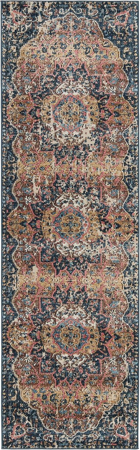 Akela Dark Blue and Multicolor Medallion Runner Rug