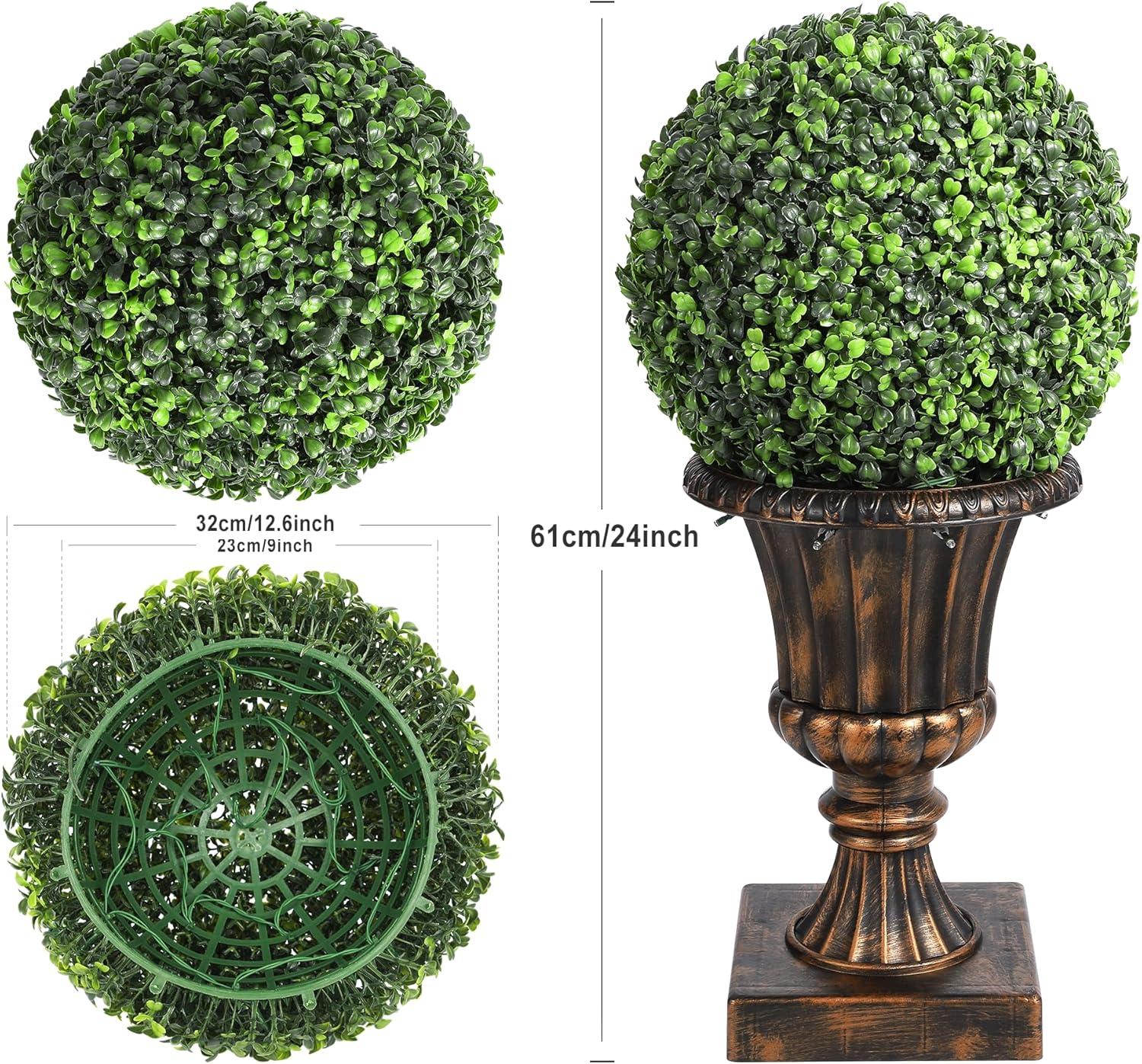 Yuan Home 2Pcs 12” Artificial Plant Topiary Ball With Pot, Faux Boxwood Balls With LED