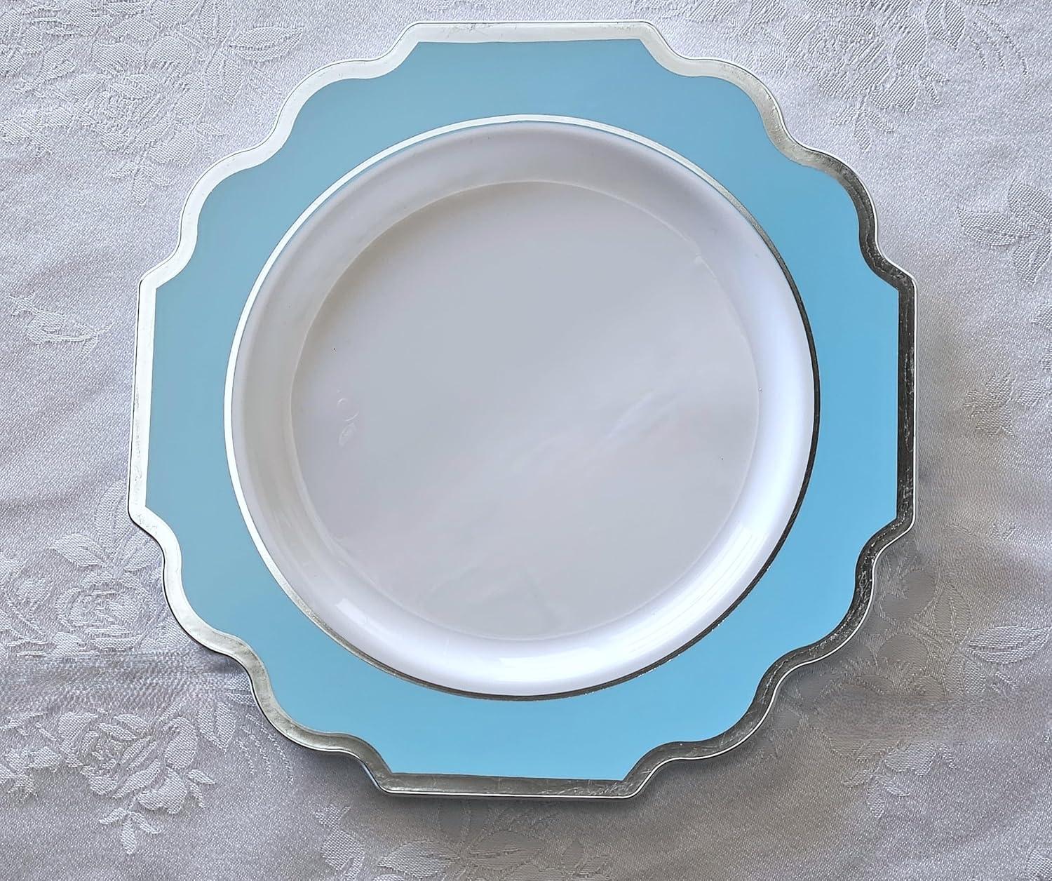 " OCCASIONS " 240 Plates Pack (120 Guests) Heavyweight Wedding Party Disposable Plastic Plates-120x10.5'' Dinner + 120x8'' Appetizer Plate (Imperial Aqua & Silver)