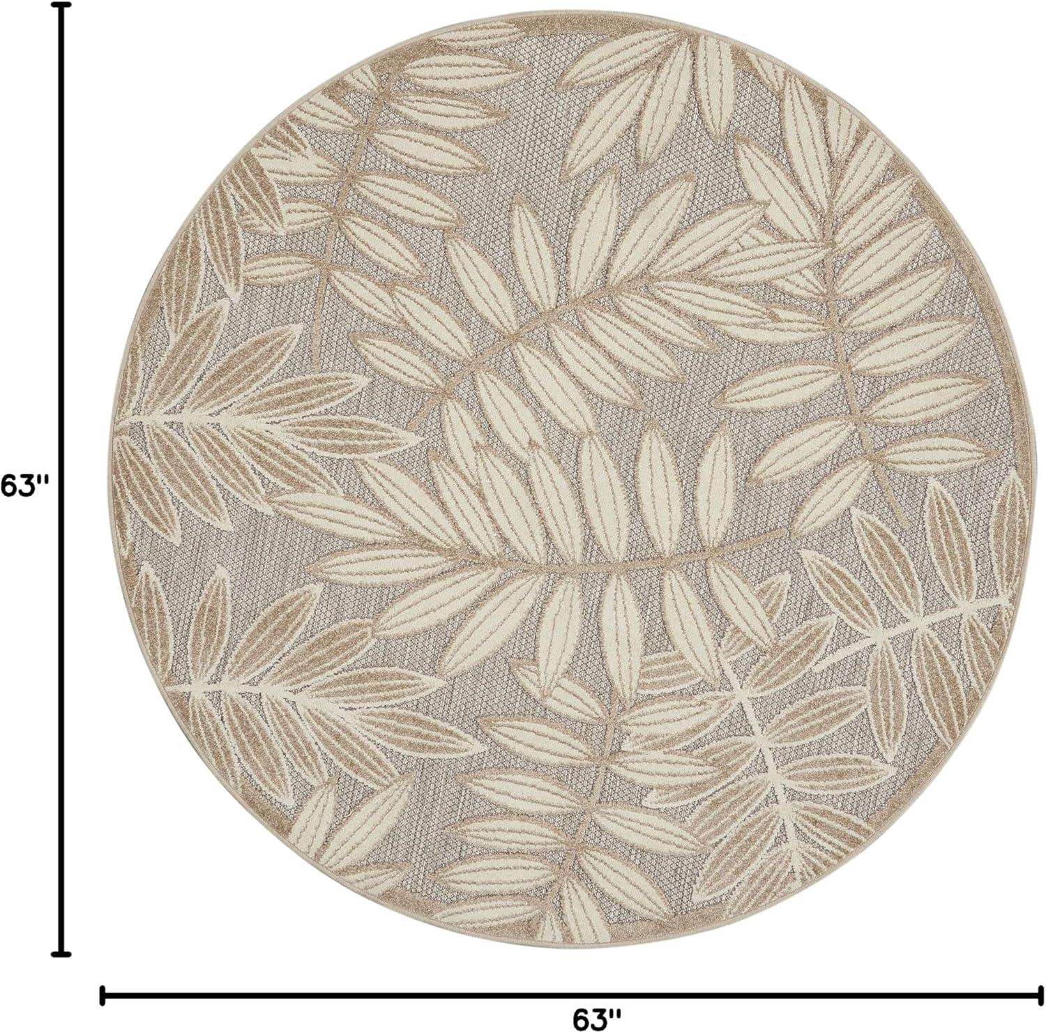 Nourison Aloha Floral Leaf Flatweave High-Low Indoor Outdoor Round Rug Natural 5'3" x 5'3"