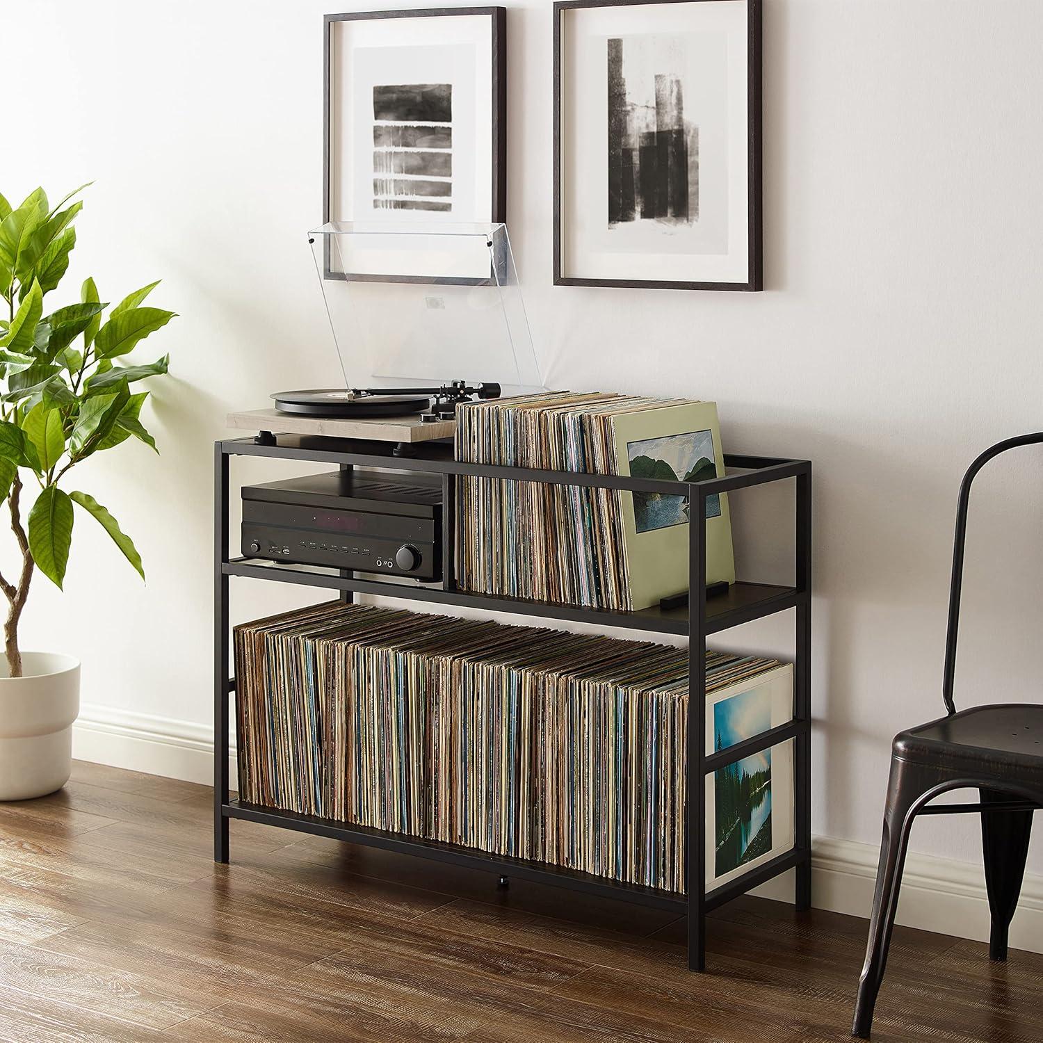 Provo Matte Black and Brown Record Storage Console with Turntable Shelf