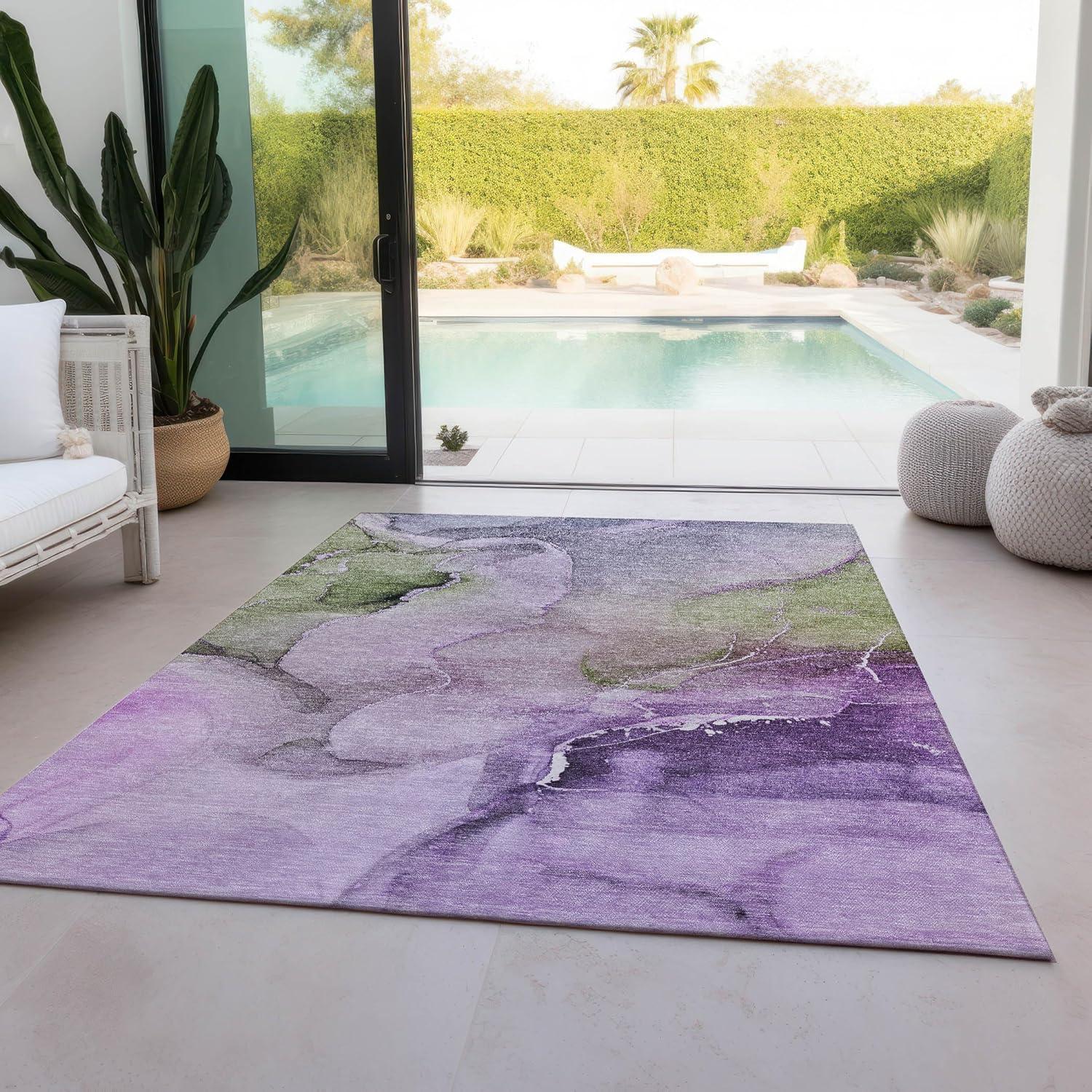 Purple and Green Watercolor Rectangular Synthetic Rug