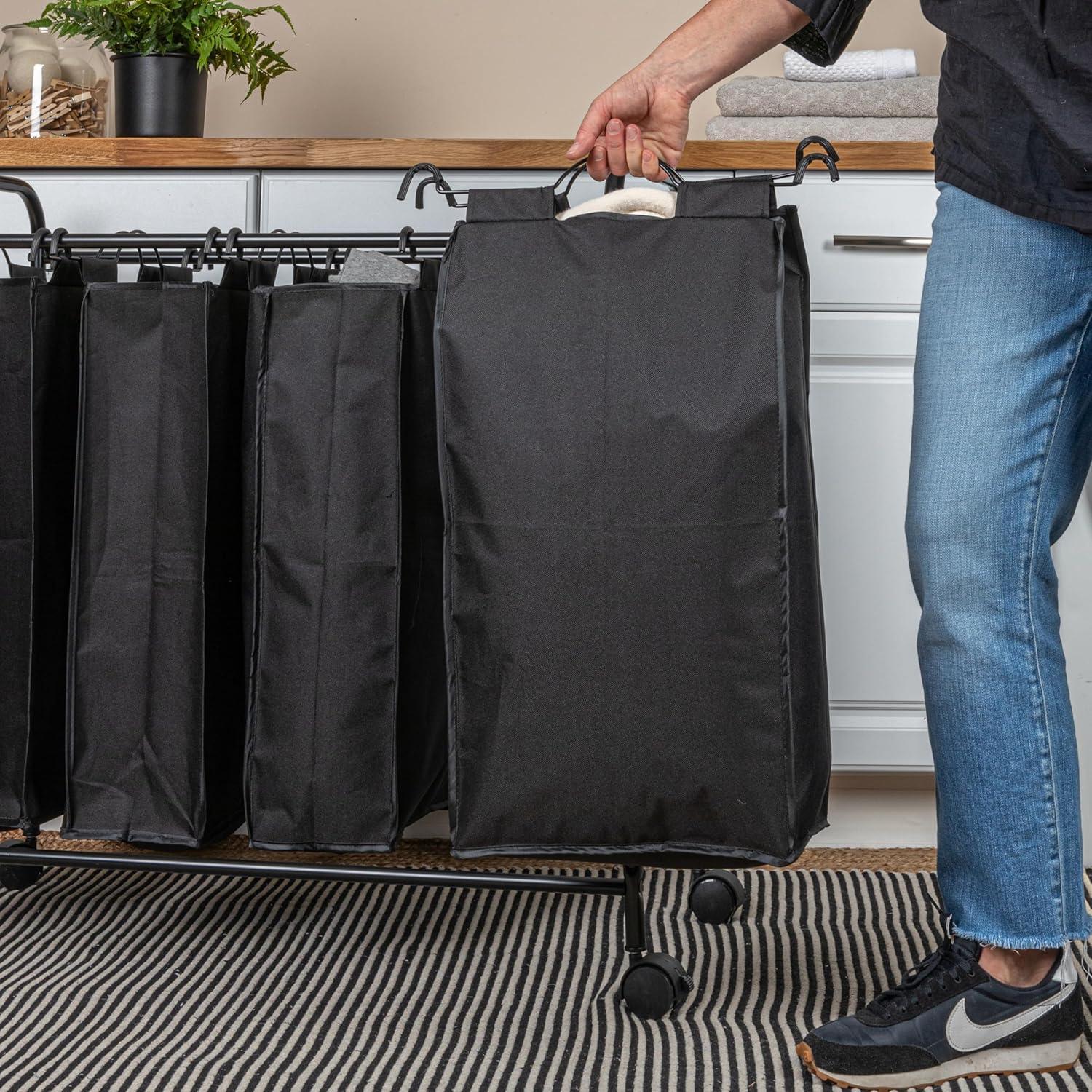 Rolling Laundry Sorter, 4 Bag Laundry Sorter Cart with Washable and Removable Bags, Black