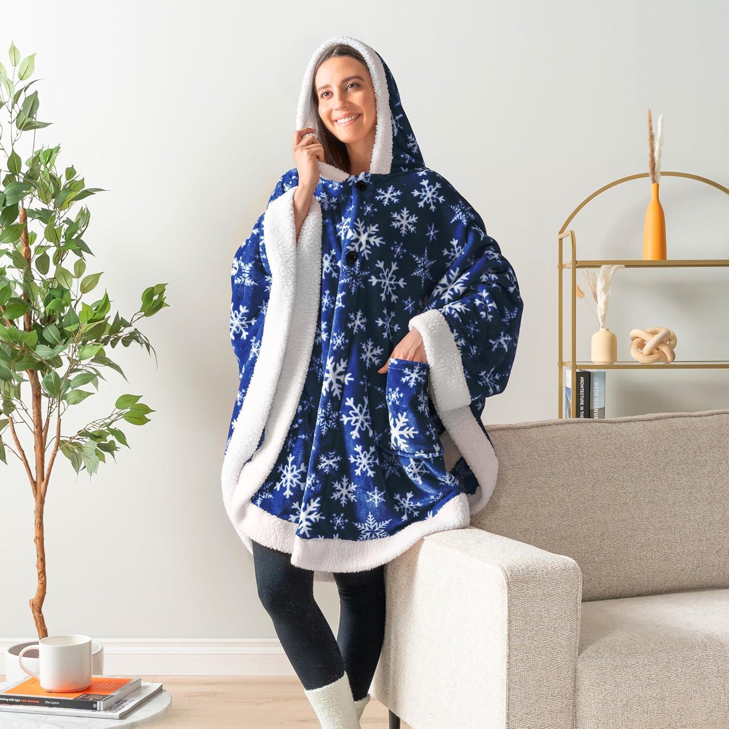 PAVILIA Angel Wrap Hooded Blanket for Women Adult, Wearable Cozy Wrap Throw Fleece Shawl Cape, Snowflake Blue/Faux Shearling
