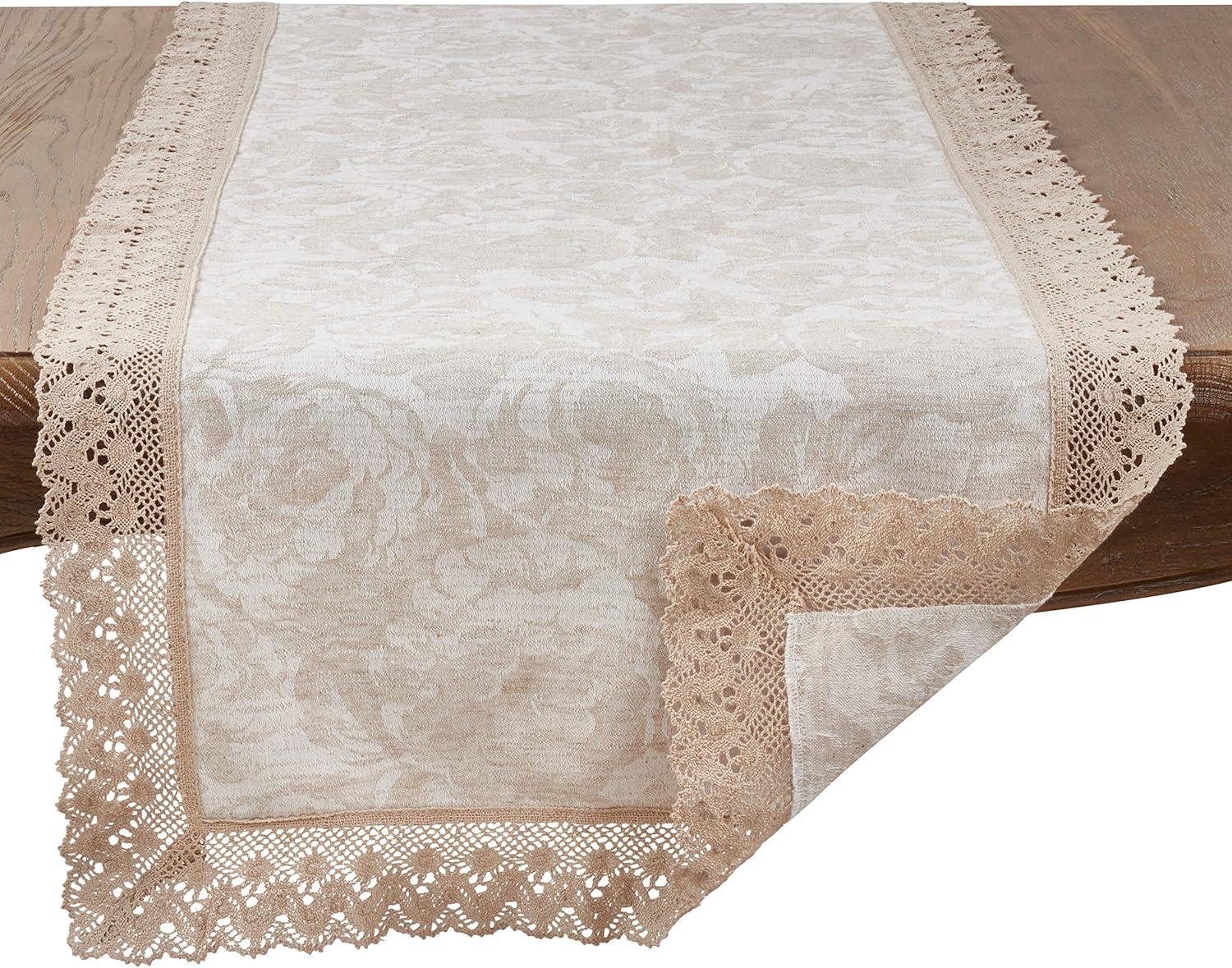 Natural Cotton Linen Jacquard Lace Trim Table Runner 16" x 120"