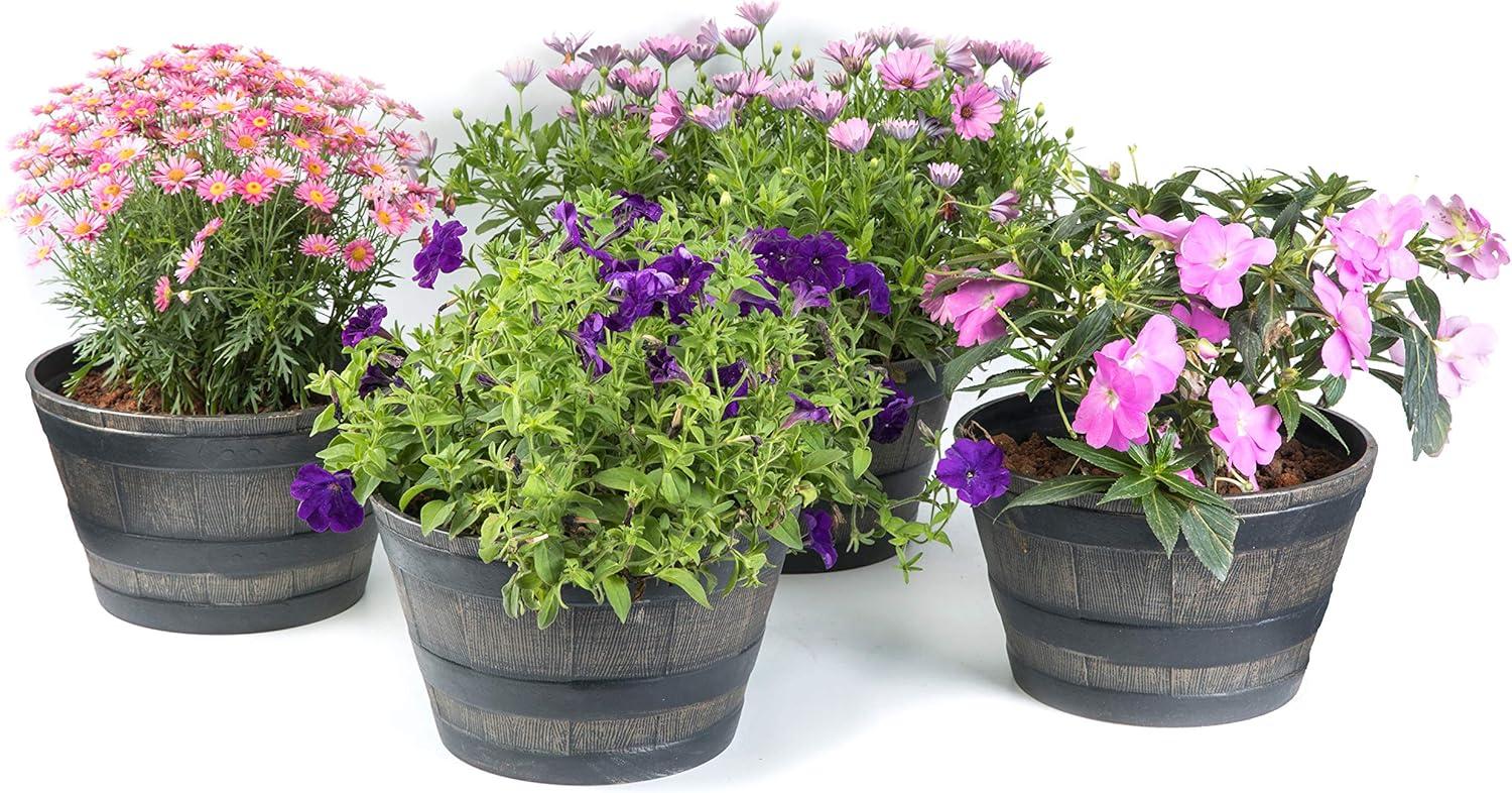 ardenised 4-Piece Round Half Barrel Flower Pots Rustic Farmhouse Style Faux Wood Planter Containers for Indoor & Outdoor Use