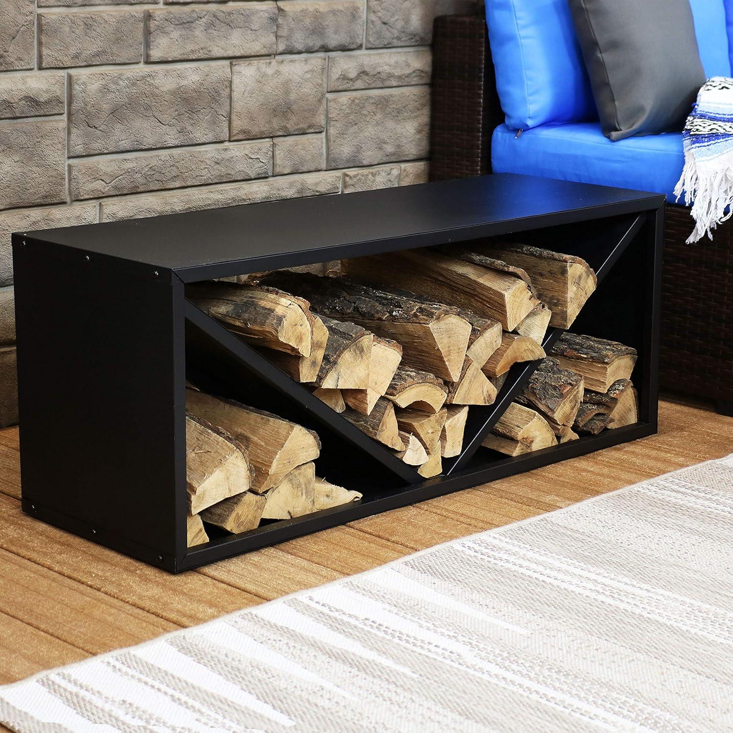 Sunnydaze Indoor/Outdoor Steel Triple Triangle Fire Pit or Fireplace Firewood Log Rack Storage Holder - 41" - Black