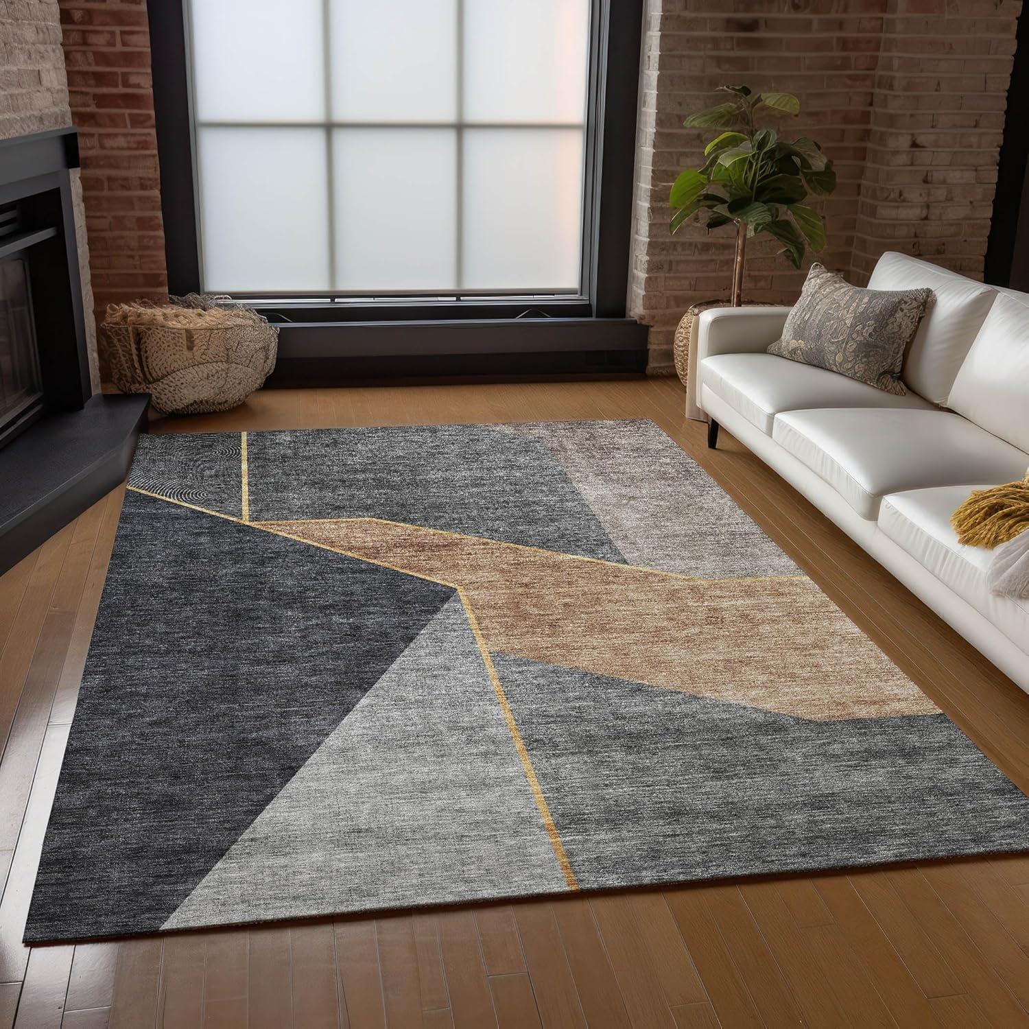 Charcoal and Beige Synthetic Rectangular Washable Area Rug