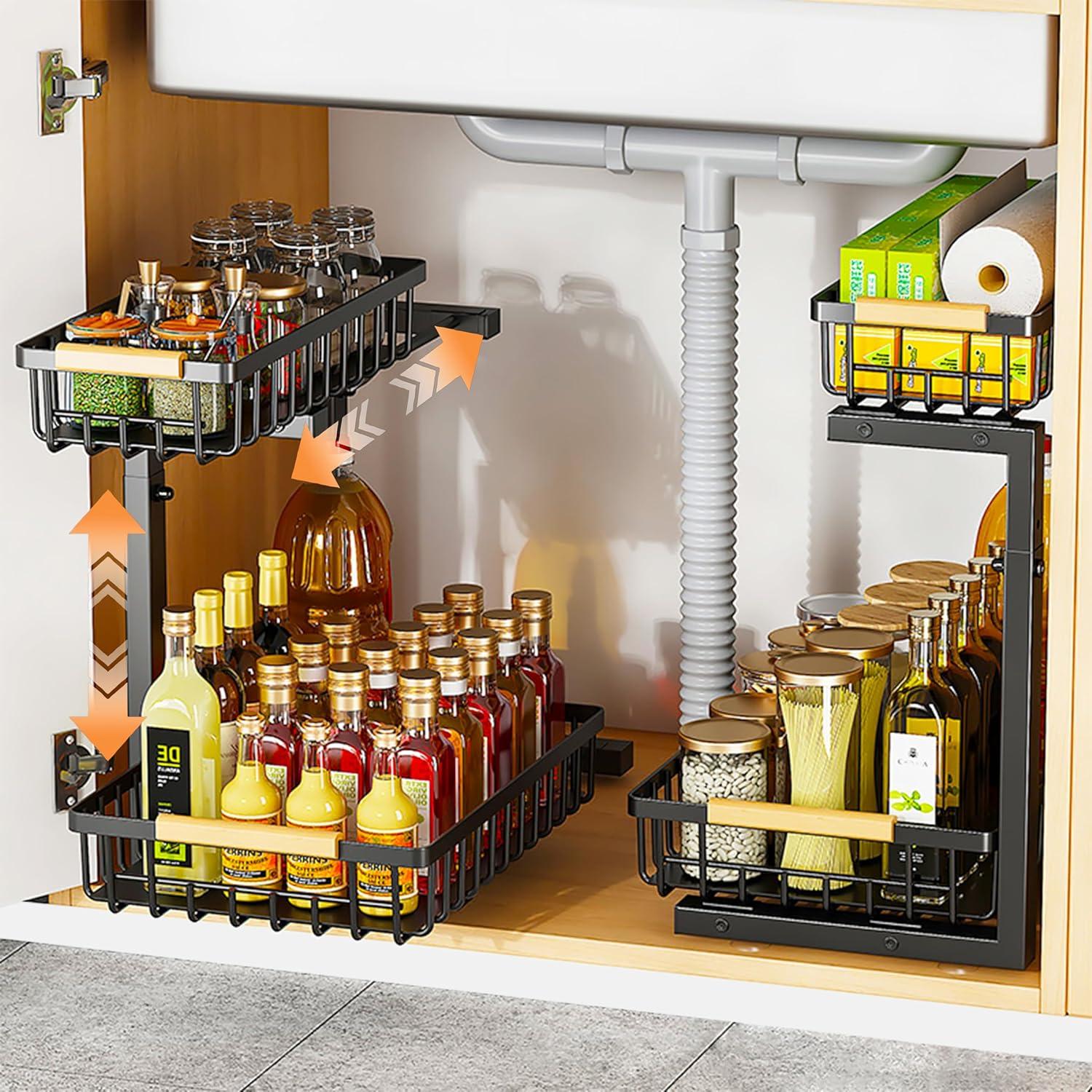 Rebrilliant Under Sink Organizer, 2 Tier Under Sink Organizers And Storage, Metal Slide Out Pull Out Cabinet Organizer ,2 Pack Sliding Drawer Organizer For Kitchen Bathroom Pantry