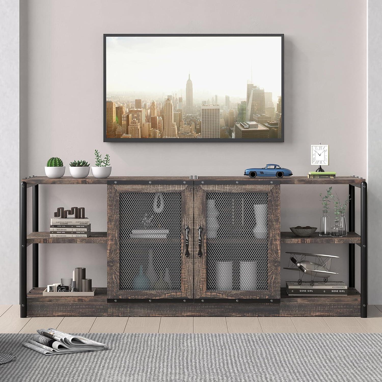 Killeryuki TV Stand for 65+ Inch TV, Industrial Entertainment Center TV Media Console Table, Farmhouse TV Stand with Storage and Mesh Door, TV Console Cabinet Furniture for Living Room (Rustic Oak)