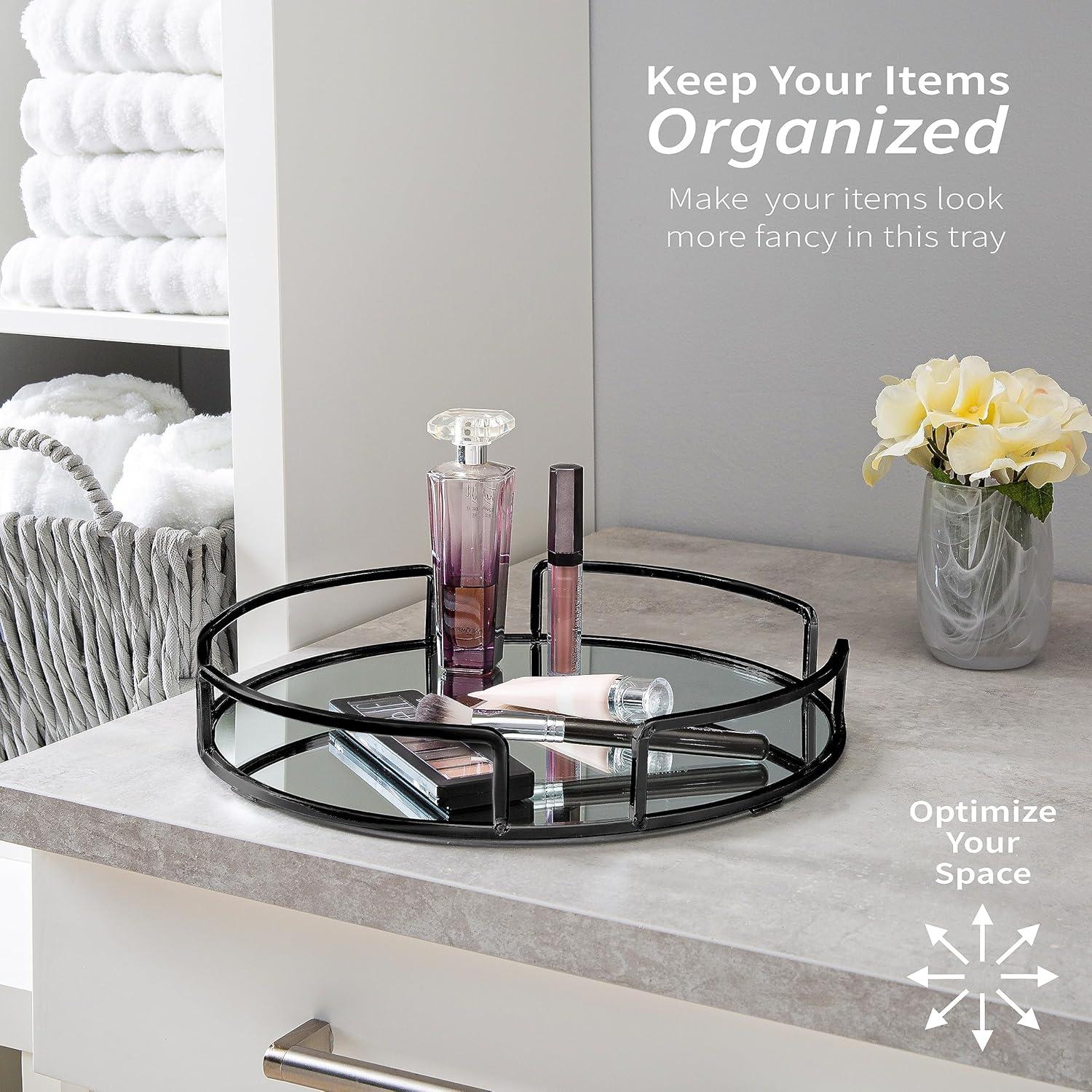 Bath Bliss 13"x13" Modern Round Vanity Mirror Tray Black: Steel Construction, Dresser Organizer, Bathroom Accessory